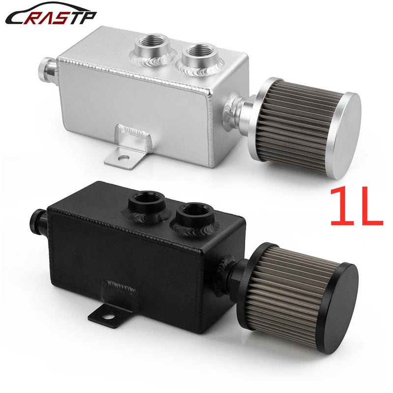 RASTP-1L Universal Car Aluminum Oil Catch Can Tank Silver Black Fuel Tanks with Breather Filter Drain Tap 1LT Baffled RS-OCC010