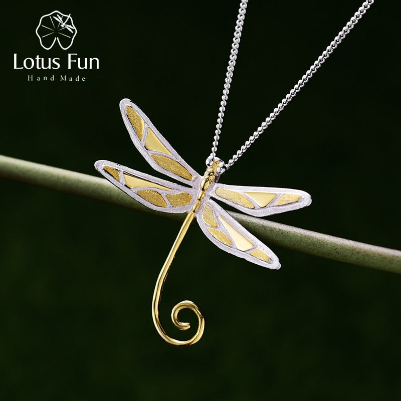 Lotus Fun echtes 925 Sterling Silber natürlicher handgemachter feiner Schmuck 18 Karat Gold süßer Libelle Anhänger ohne Halskette für Frauen Geschenk
