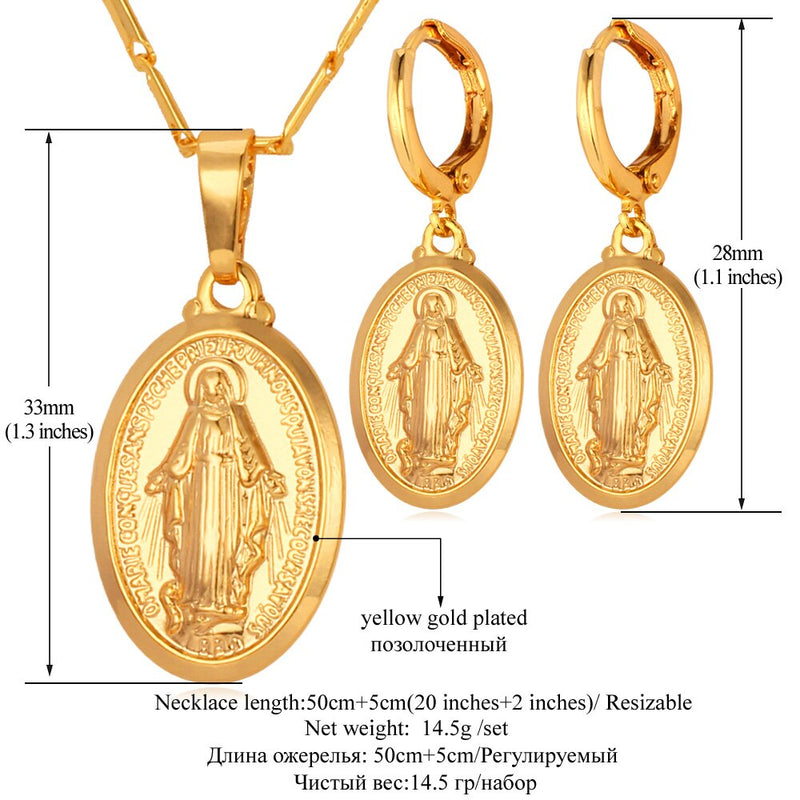 U7 Virgin Mary Jewelry Set Women Bride Wedding Platinum/Rose Gold / Gold Miraculous Medal Necklace &amp; Earrings Sets  S619