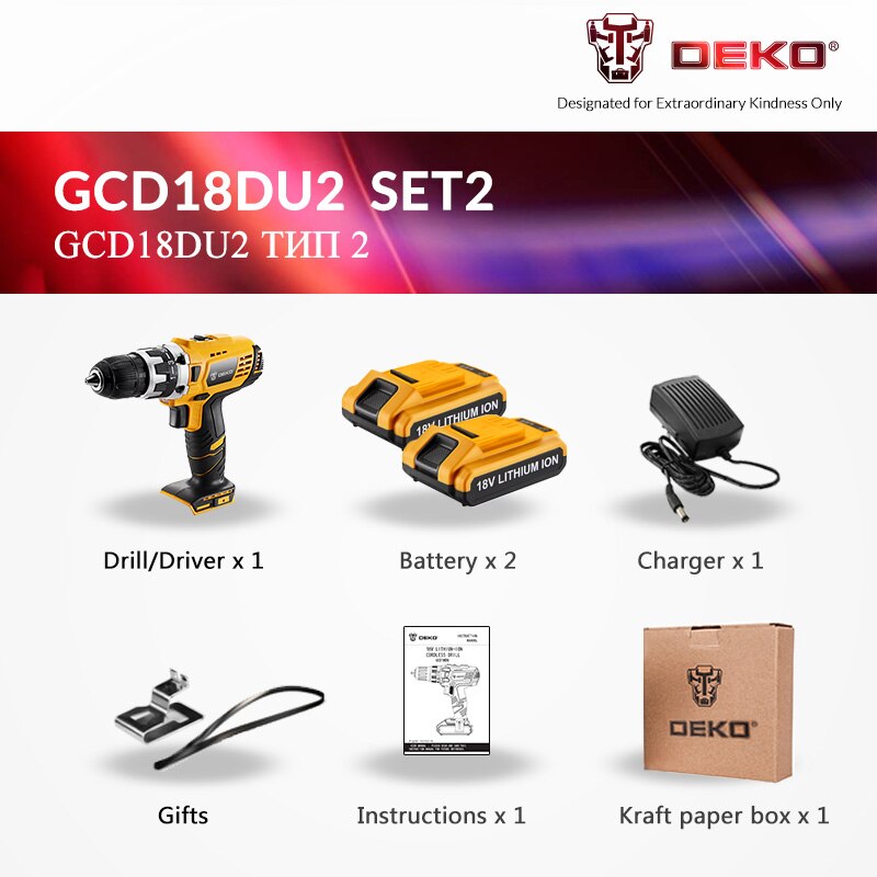 Destornillador eléctrico DEKO GCD18DU2, taladro inalámbrico, controlador de energía inalámbrico, batería de iones de litio de 18 voltios CC, 1/2 pulgada, 2 velocidades