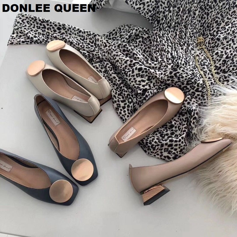 DONLEE QUEEN Women Flats Shoes Low Wooden Heel Ballet Square Toe Shallow Buckle Brand Shoes Slip On Loafer Big Size 35- 41 Mujer