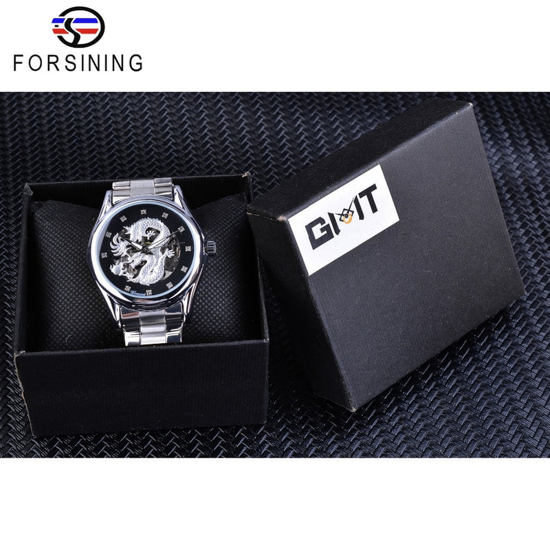 Forsining Classic Dragon Design Silver Acero inoxidable Diamond Display Hombres Relojes de pulsera automáticos Top Brand Luxury Montre Homme