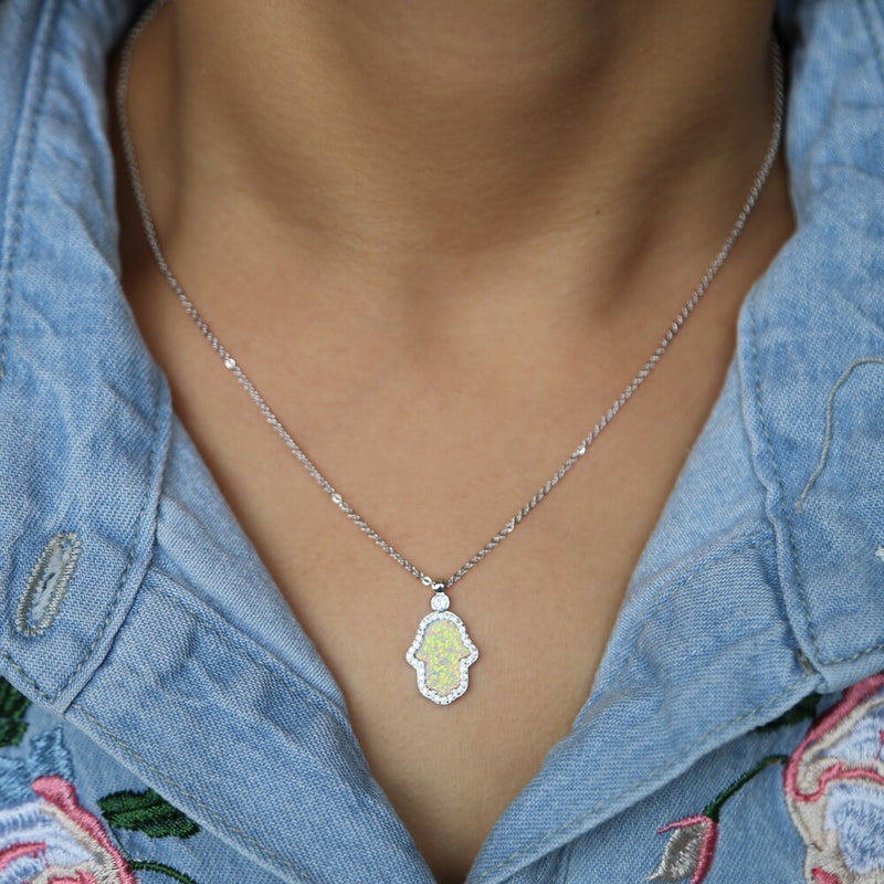 fashion 2022 turkish hamsa hand pendant necklaces women ladies delicate dainty gold silver color white fire opal stone necklace