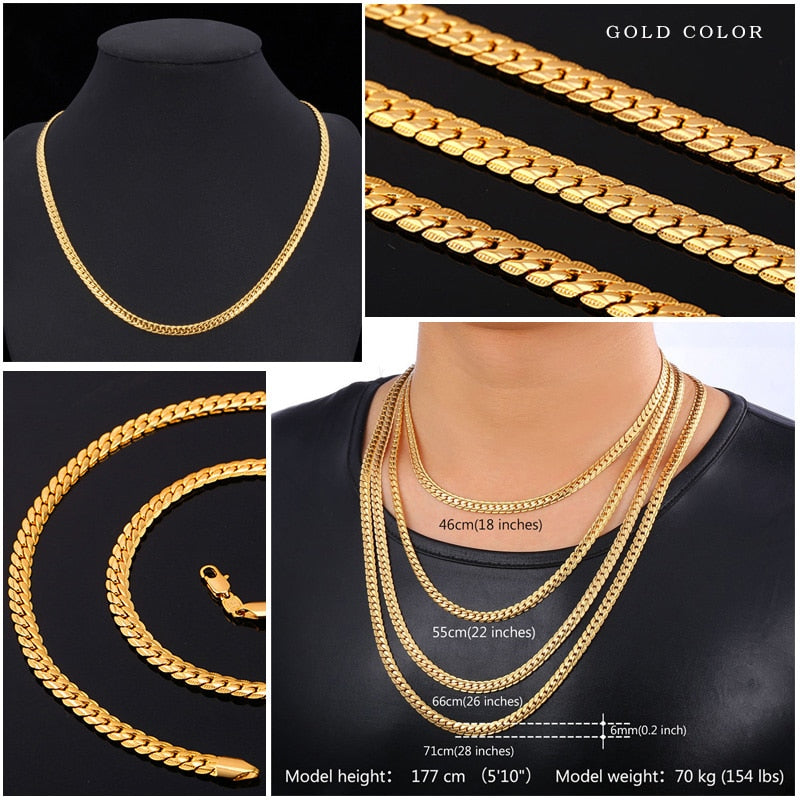 U7 Men Chunky Snake Curb Chain Necklace Gold Plated Black Tone Link Necklace para Hombres Mujeres 6/9mm 18 "-30" Pulgadas N08