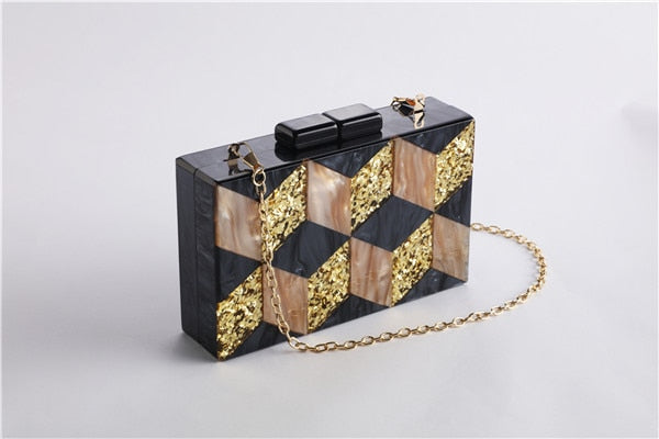 New Female Black Pearlescent Acrylic Evening Bags Vintage Women Messenger Bags Gold Sequins Clutches Patchwork Party Handbags