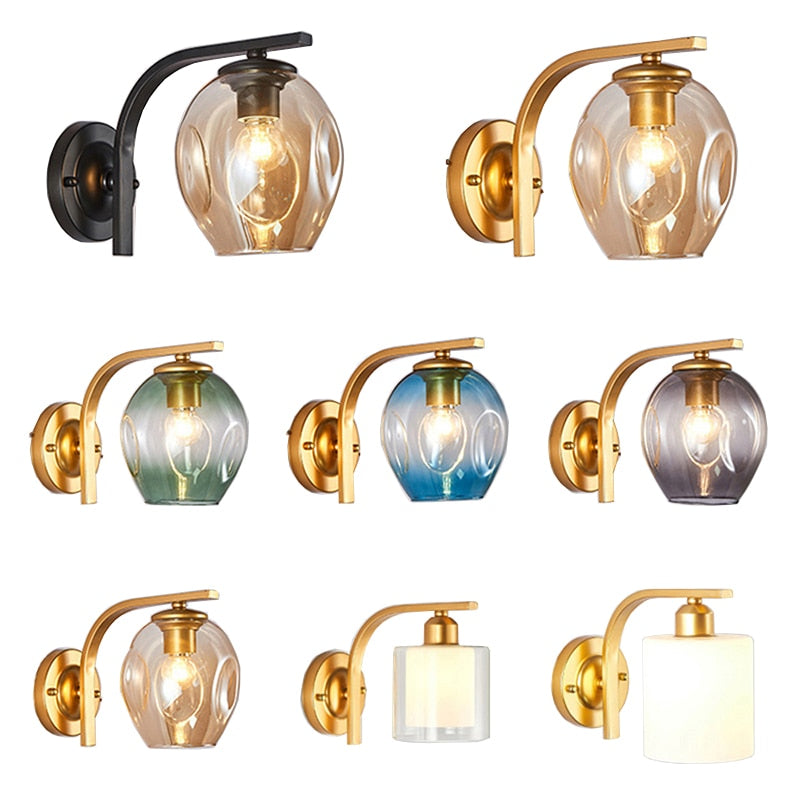 Modern Color Sconce Wall Lamp Glass Lampshade Loft Decorative Indoor Corridor Led Wall Lights Fixtures E27 Black Gold Blue