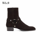 Black&amp; Street High Top Handmade Wyatt Harry Buckle Ring Strap Men Chelsea Boots Wedge Leather Denim Banquet Harness Boots