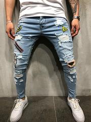 Arbeiten Sie neue männliche Lochabzeichenstickerei-Denimhosenhosen Männer Street Hiphop dünne beiläufige Flecken-Jeans um