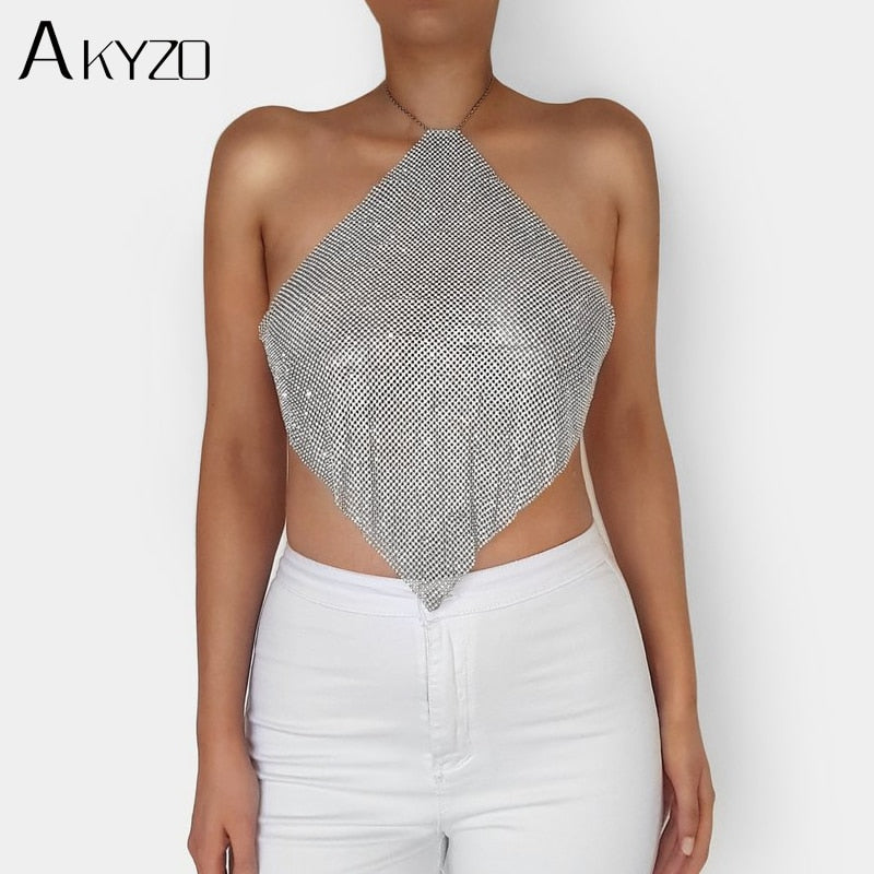 AKYZO, camisola de lujo hecha a mano con diamantes de imitación para mujer, camisetas sin espalda con cadena de Metal para club nocturno, camisetas sin mangas con diamantes dorados para fiestas de verano