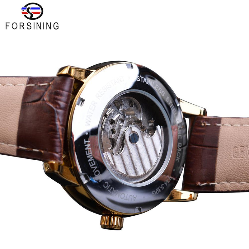 Reloj automático de fase lunar Forsining, reloj de pulsera mecánico resistente al agua dorado para hombres reales, reloj Tourbillon informal de cuero genuino