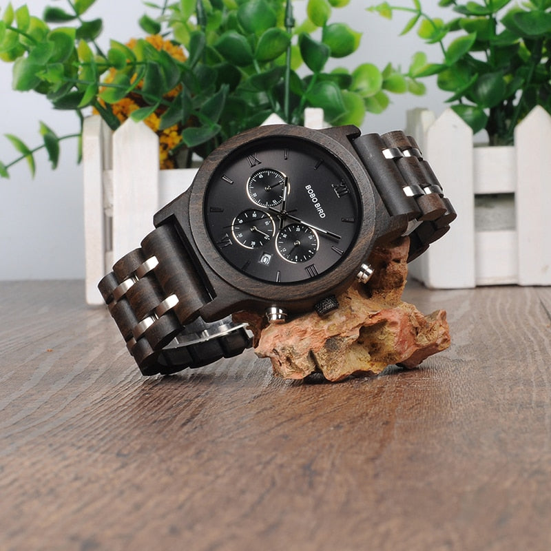 BOBO BIRD Wooden Men Watch Wooden Stainless Steel Date Quartz Chronograph Watches Luxury Men&