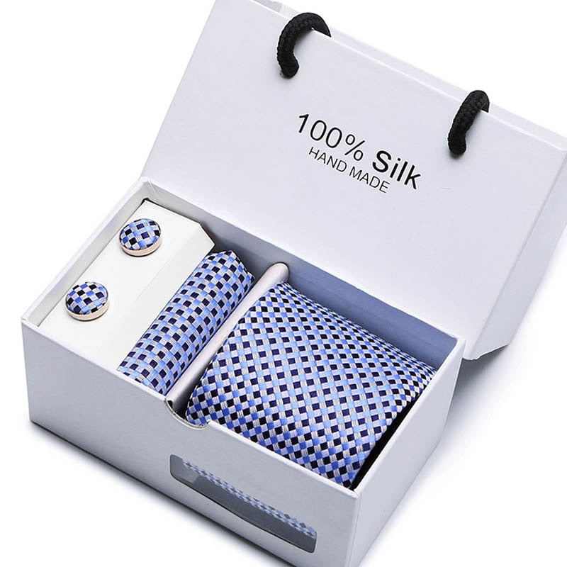 New Design Tie Set With Gift Box Jacquard Woven gravata Silk Tie Hanky Cufflinks Necktie Sets For Wedding Party Men