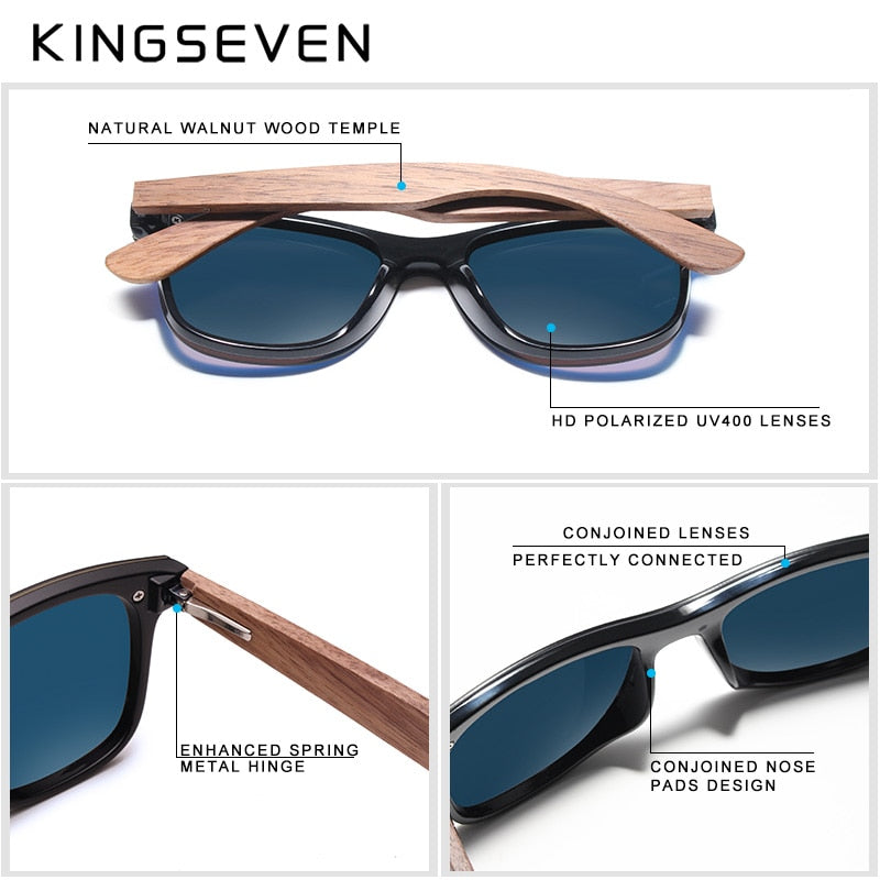 Gafas de sol KINGSEVEN a la moda para hombre, gafas de sol polarizadas con espejo de madera de nogal UV400, gafas de sol para mujer, diseño de marca, tonos coloridos hechos a mano