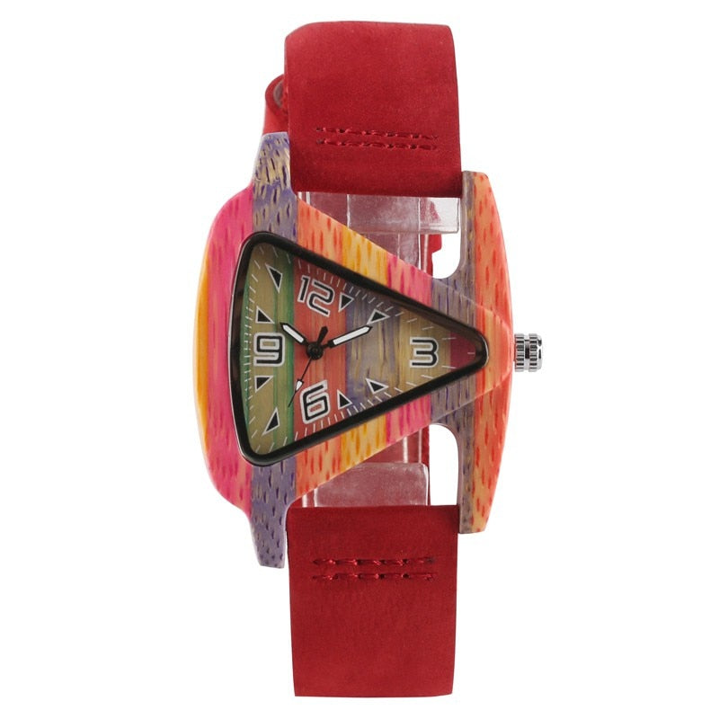 Unique Colorful Wood Watch Creative Triangle Shape Dial Hour Clock Women Quartz Leather Bracelet Watch Women&