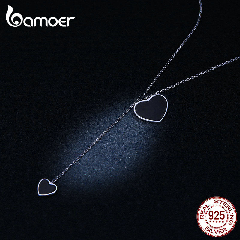 Bamoer 925 Sterling Silver Double Black Heart Pendant Necklace for Women Simple Black Enamel Y-shape Chain Necklace BSN095