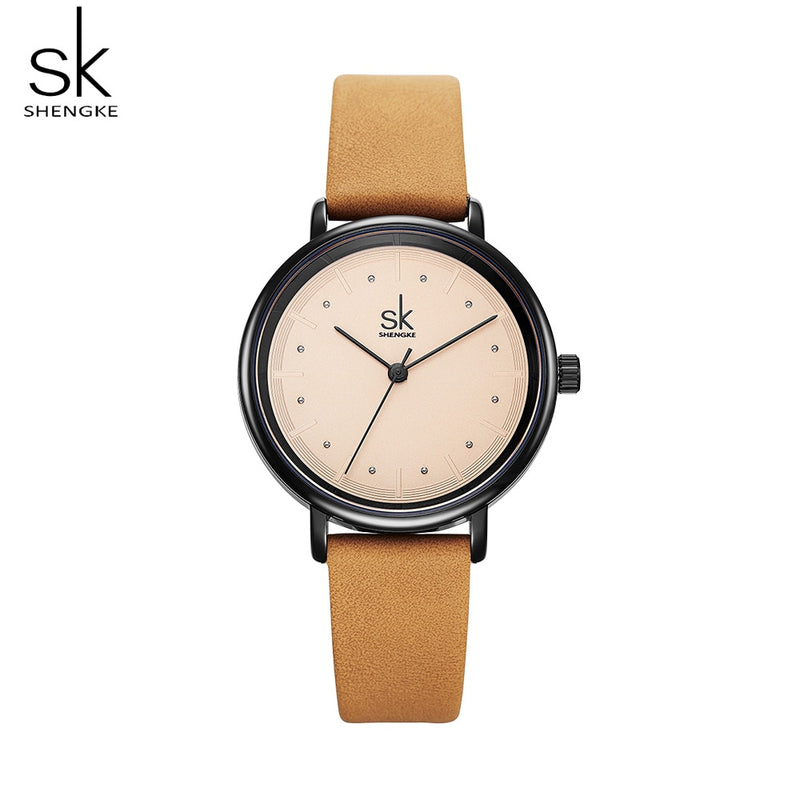 Reloj Simple Shengke para Mujer, Reloj de cuero Retro marrón, Reloj femenino de marca superior, Mini diseño de moda para Mujer, Reloj de cuarzo para Mujer