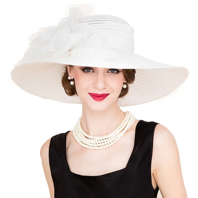 FS negro blanco elegante mujer iglesia sombreros para damas flores ala grande Organza sombrero playa sol Kentucky Derby sombrero Fedora