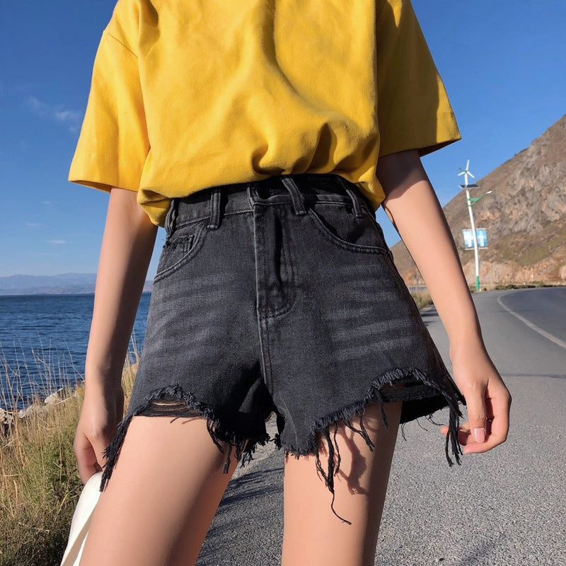 Streetwear pantalones cortos de mezclilla para mujer 2022 verano cintura alta rasgados Cool azul y negro pantalones cortos con borlas bolsillos Mini pantalones vaqueros cortos