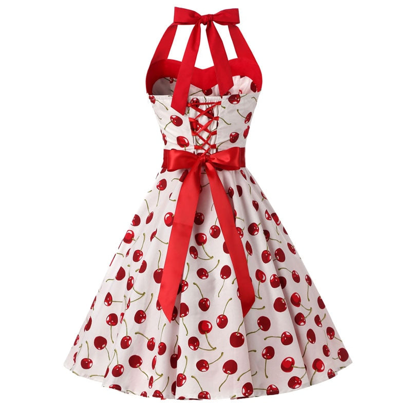 Women Red Cherry Party Dress Vintage 50s Rockabilly Hepburn Dress 2023 Elegant Summer Strapless Swing Retro Halter Pin up Dress