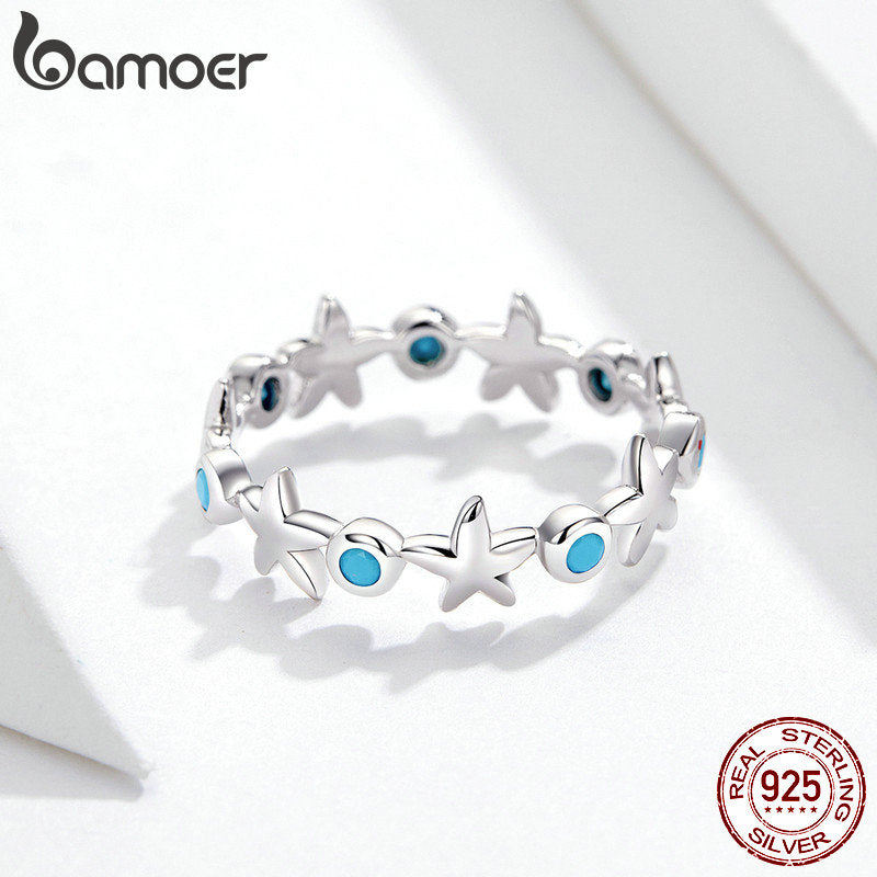 Bamoer 925 Sterling Silver Stackable Starfish Finger Ring Solid Ocean Blue Ring for Women Fine Jewelry Birthday Gift SCR527