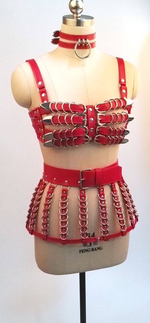100% Handcrafted Heavy Duty 4 Row Caged Bra PU Leather Women Harness Bondage Chest Lingerie Bra Belt Skirt Harness Waist Belt