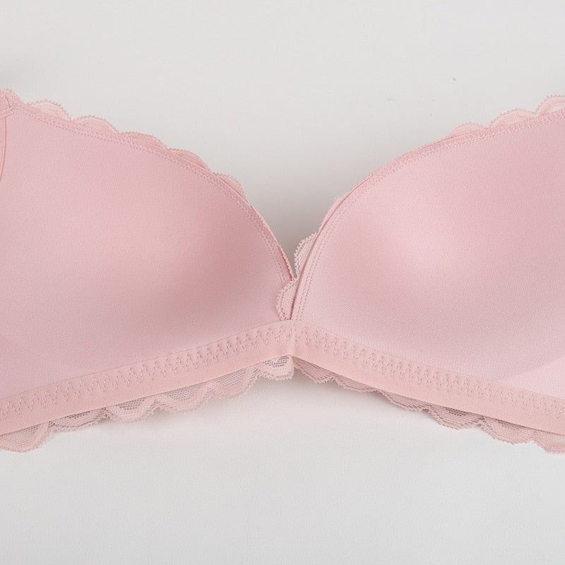 Nuevo conjunto de Sujetador Push Up, conjunto de ropa interior Sexy para mujer, sujetadores ajustados con lazo rosa bordado de encaje, conjunto de lencería transparente sin aros