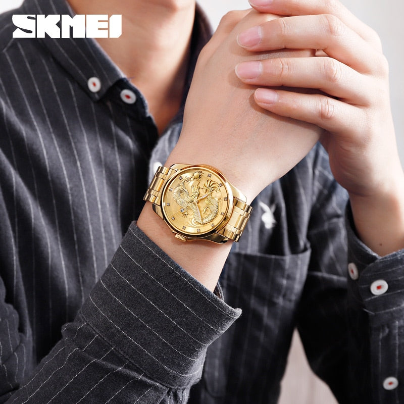 2020 SKMEI lujo dragón chino patrón hombres reloj de cuarzo dorado relojes masculinos relojes de pulsera impermeables Relogio Masculino 9193