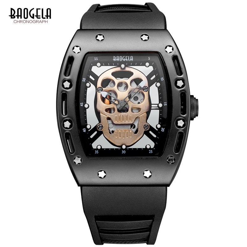 Baogela Moda Hombre Esqueleto Calavera Relojes de cuarzo luminosos Estilo militar Negro Silicona Rectángulo Dial Reloj de pulsera para Man1612