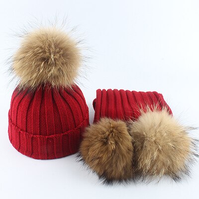 Gorro con pompón de piel auténtica para niños, gorro de punto cálido y bufanda, gorro de invierno para niños y niñas