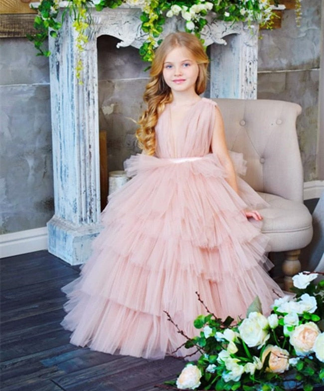 New Coming Tiered Tulle Princess Dress Ankle -Length Sleeveless Custom Made Kids Prom Dress Ruffles Long Pageant Gowns Vestidos