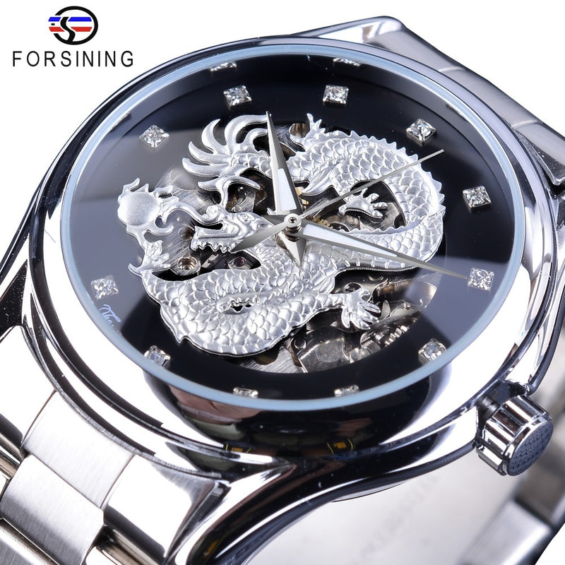 Forsining Classic Dragon Design Silver Acero inoxidable Diamond Display Hombres Relojes de pulsera automáticos Top Brand Luxury Montre Homme