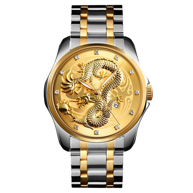 2020 SKMEI Luxus Chinesische Drachen Muster Männer Goldene Quarzuhr Männliche Uhren Wasserdichte Armbanduhren Relogio Masculino 9193