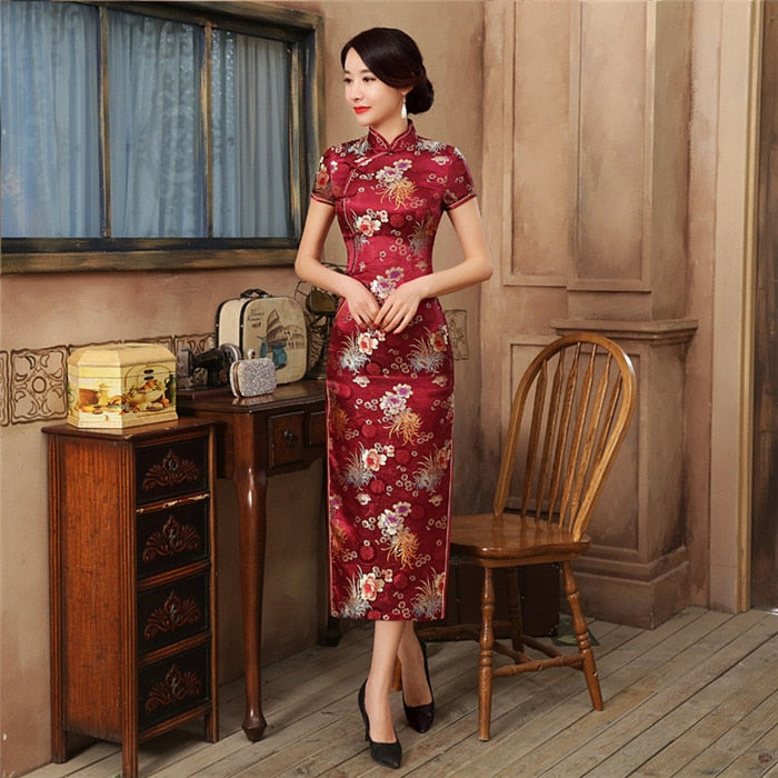 2021 New High Fashion Grün Rayon Cheongsam Chinesische Klassische Frauen Qipao Elegant Kurzarm Neuheit Langes Kleid S-3XL C0136-D