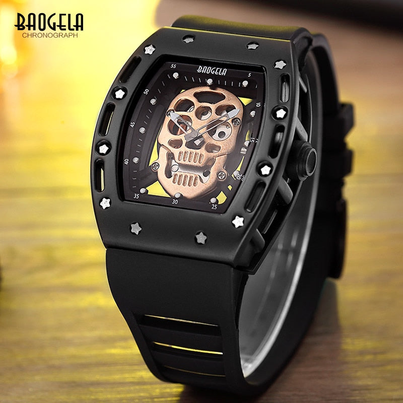 Baogela Fashion Mens Skeleton Skull Luminous Quartz Watches Military Style Black Silicone Rectangle Dial Armbanduhr für Man1612