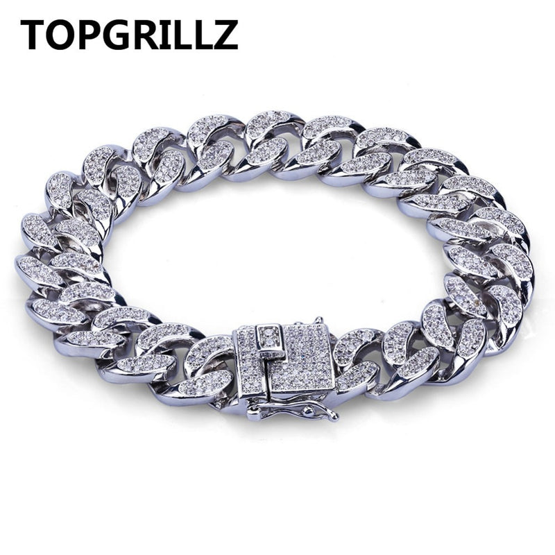 TOPGRILLZ Hip Hop Rock Jewelry Gold Color Plated Cuban Chain Micro Pave CZ Stones Bracelet 8 Inch Length Beacelets For Men