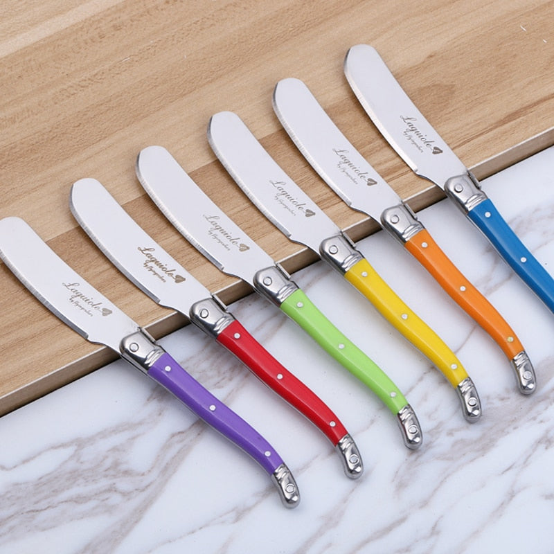 6pcs Laguiole Butter Knife Cheese Spreader Spatula Rainbow Plastic Handle Cheese Sandwich Slicer Stainless Steel Kitchen Utensil