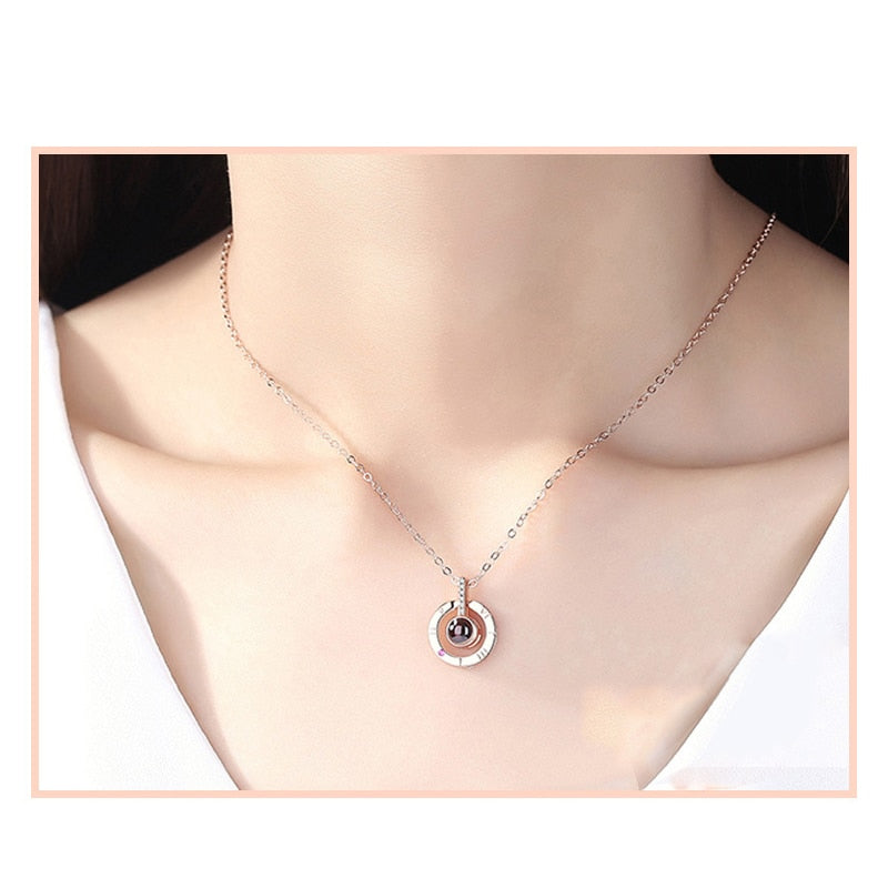 MNWT Rose Gold 100 languages I love you Projection Pendant Necklace Women Love Memory Wedding Necklace