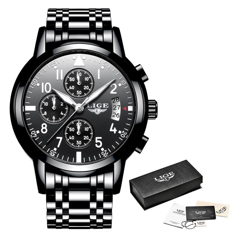 LIGE, relojes para hombre, marca superior, reloj de cuarzo de negocios a la moda de lujo, reloj deportivo para hombre, reloj negro resistente al agua de acero, erkek kol saati + caja