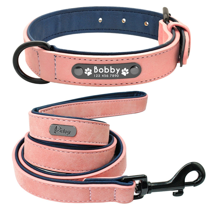 Leather Dog Collar Leash Set Personalized Soft Dogs Collars Lead Padded for Small Medium Large Dogs Pitbull French Bulldog