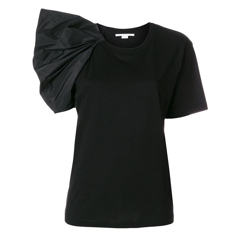 TWOTWINSTYLE Damen T-Shirts Puff Kurzarm O-Ausschnitt Patchwork Asymmetrische Tops Damen Sommer Lässig 2020 Mode Kleidung