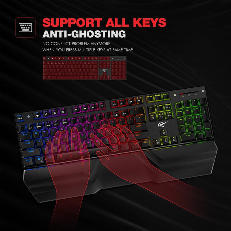 HAVIT Mechanical Keyboard and Mouse 104 keys Red Switch Gaming Keyboards for Tablet Desktop Russian US Sticker