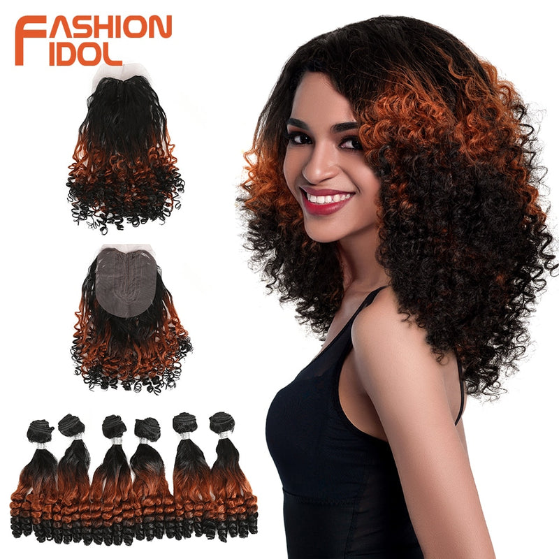 FASHION IDOL Afro Kinky Curly Hair Bundles 14 inch 7Pieces/lot Upper Straight Lower Bend Synthetic Hair Lace With Closure Fiber