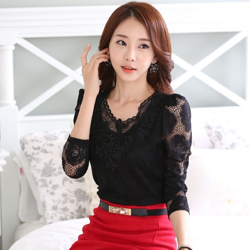 6XL Hollow Out Lace Blouse Elegant Shirt Ladies Tops Crochet Long Sleeve Embroidery Patchwork Women Blouses Tops White DF2753