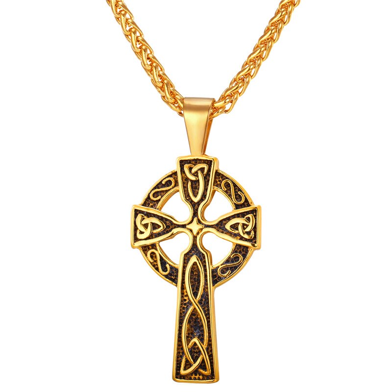 U7 Cross Irish Knot Necklace for Men Stainless Steel Triquetra Viking Triple Horn Of Odin Jewelry Necklace &amp; Pendant P754