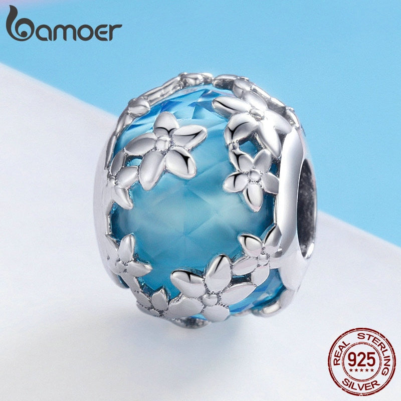 BAMOER 100% 925 Sterling Silver Daisies Daisy Flower Blue CZ Crystal Beads Charm fit Charm Bracelet DIY Jewelry Making SCC878