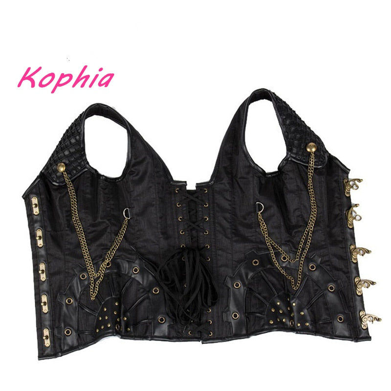 Hochwertige 12 Stahlknochennietkette Gothic Steampunk Korsett Damen Weste Top Taillenkontrolle Leder Sexy Korsetts und Bustiers