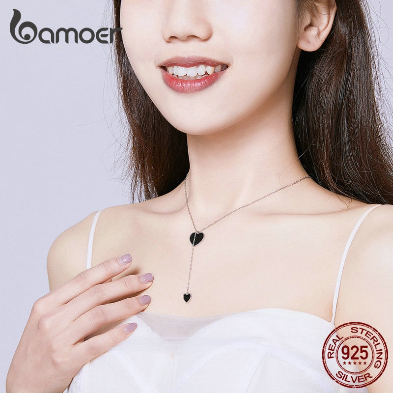 Bamoer, collar con colgante de corazón negro doble de Plata de Ley 925 para mujer, collar de cadena en forma de Y de esmalte negro Simple BSN095