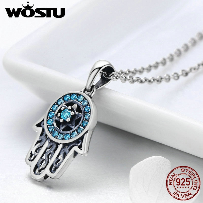 WOSTU Plata de Ley 925 auténtica mano de Fátima Hamsa colgante gargantilla collar para mujer bisutería de moda regalo de joyería CQN264