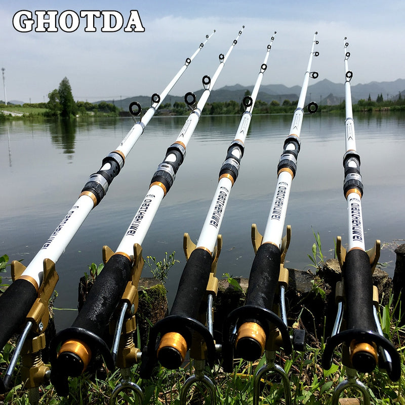 GHOTDA, nuevo diseño, caña de pescar giratoria blanca FRP + cañas de pescar telescópicas de fibra de carbono 2,1-3,6 M