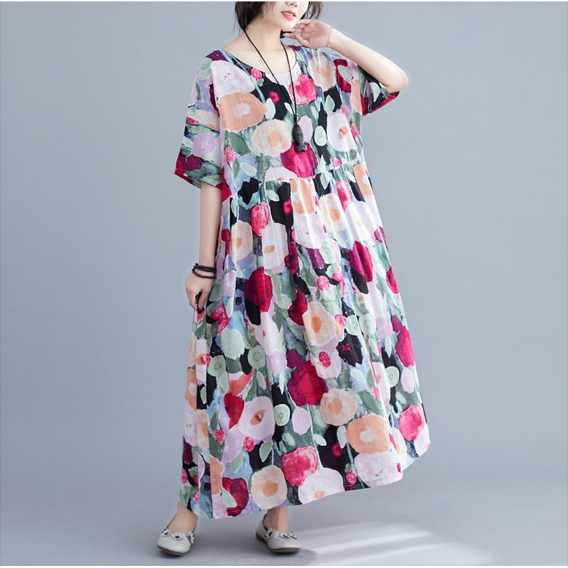 Oversized Summer Floral Boho Dress Women Polka Dot Cotton Long Ladies Dresses Loose Large Robe Femme Beach Dress 2022